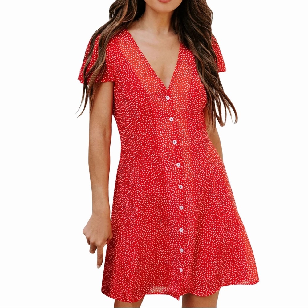 Sugarlips Red Polka Dot Button-Front V-Neck Dress